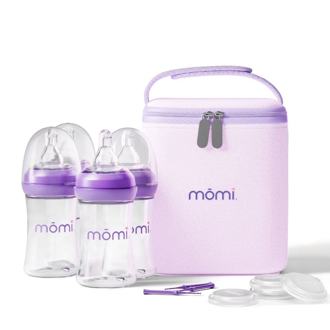 mōmi breast-like bottle set with gray breastmilk cooler bag and cleaning brush on a white background