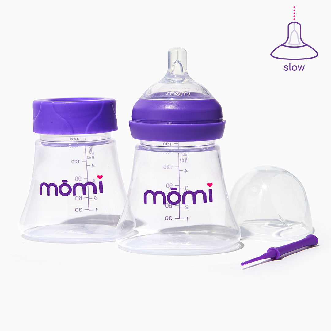 Momi 1-bottle set plus milk storage container - Plastic bottle, slow nipple flow
